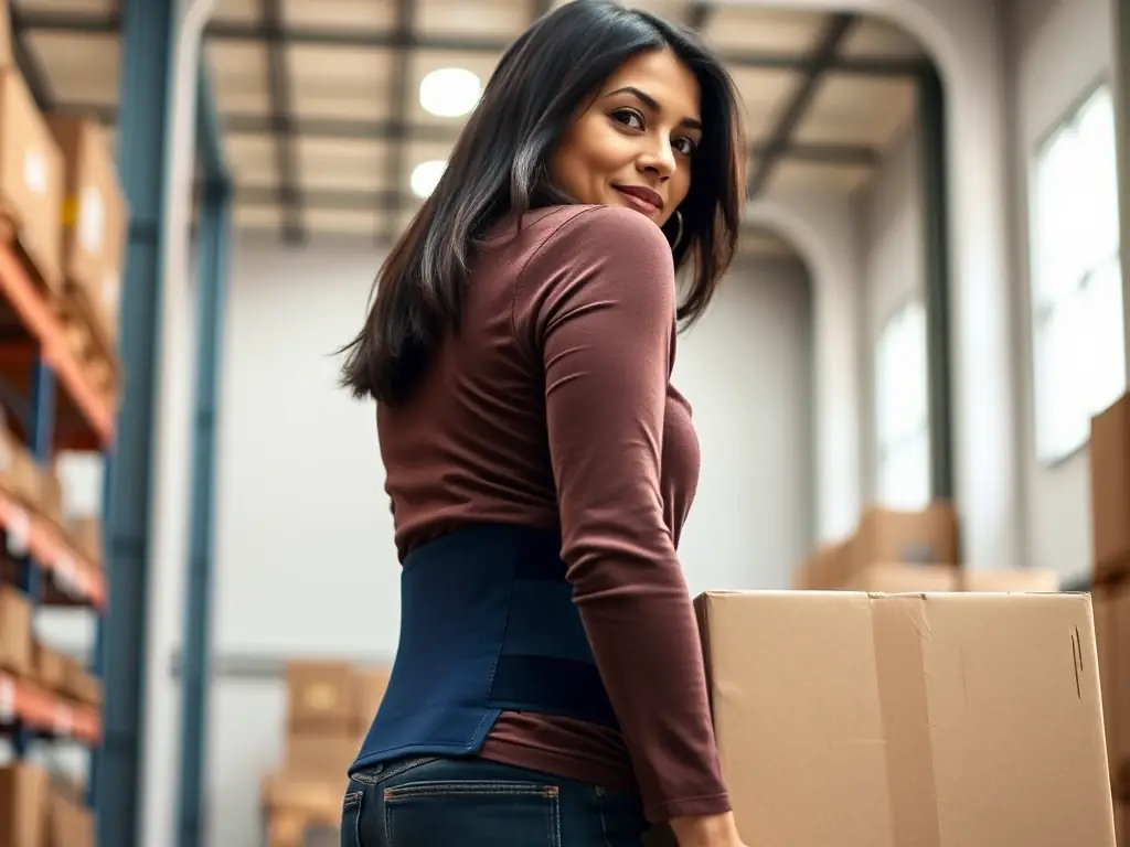 A person wearing a lumbar support belt from the Premium Supports collection while lifting a box, showcasing its ergonomic design and back support, set in a warehouse environment.
