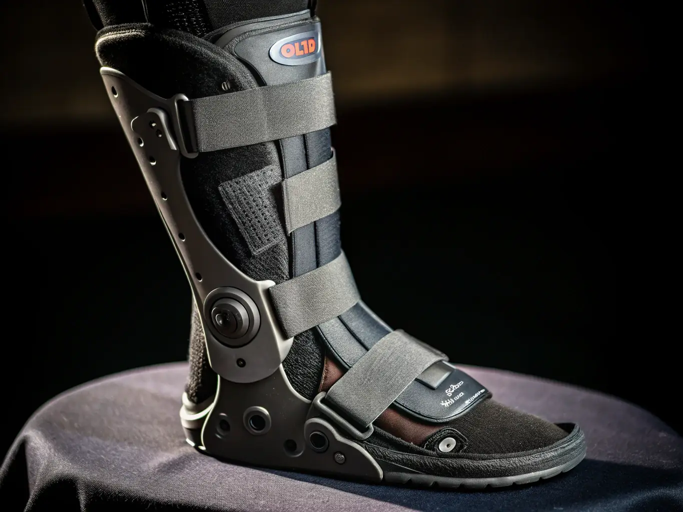 A close-up shot of an adjustable knee brace from the Premium Supports collection, highlighting its breathable fabric and adjustable straps, set against a blurred background of a person exercising.